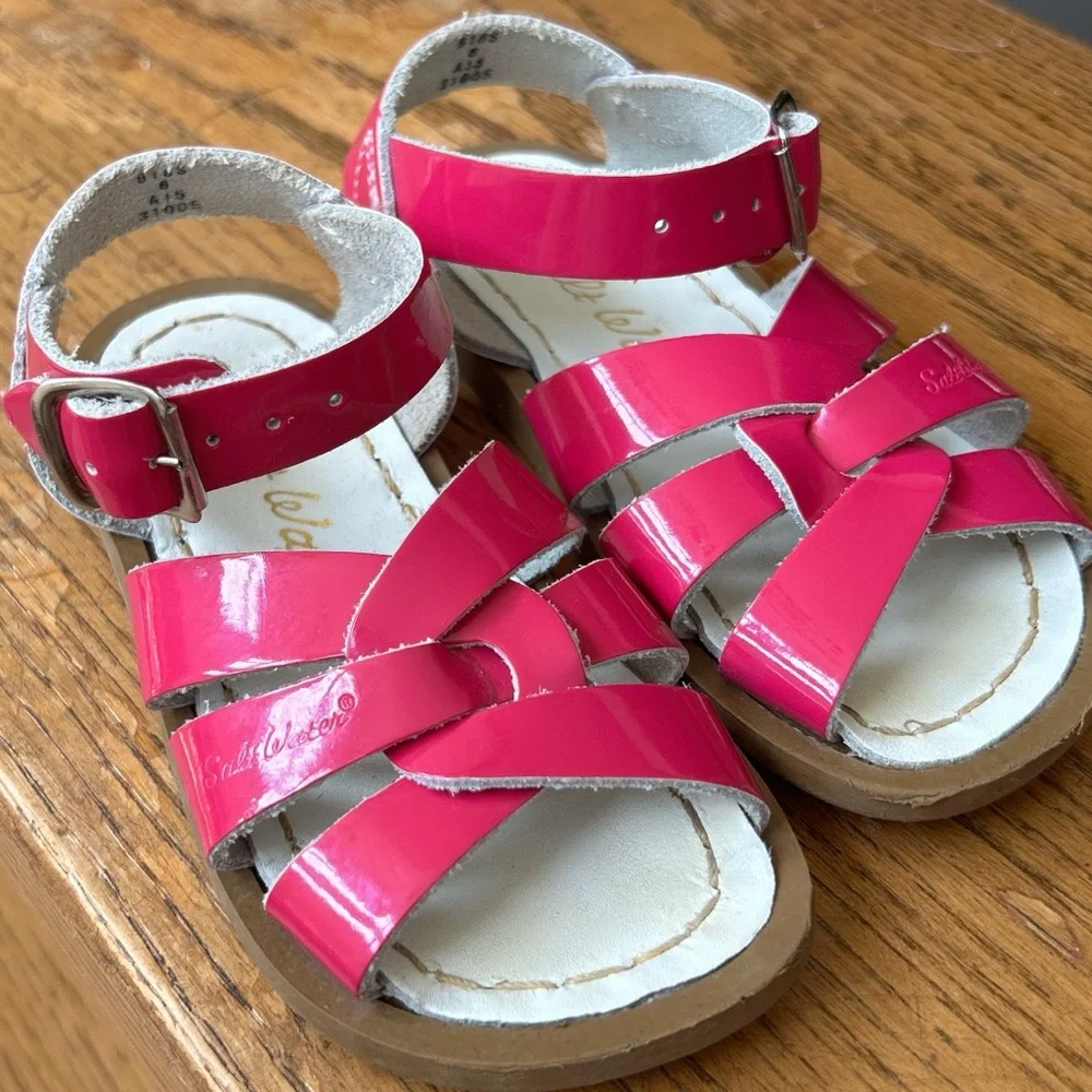 shiny fuchsia Salt Water Original Sandals by Hoy Shoes, glossy pink patent